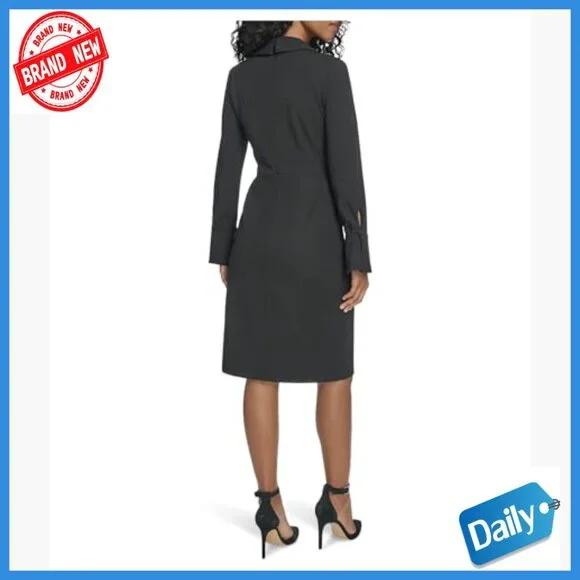 Long Sleeve Midi Dress with Collar and Twist Front, Polyester Blend